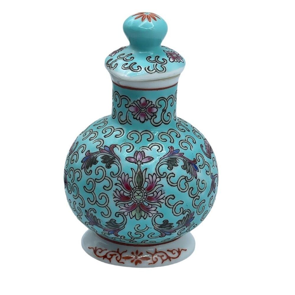 Vintage Chinese turquoise Famille rose porcelain soy sauce bottle.